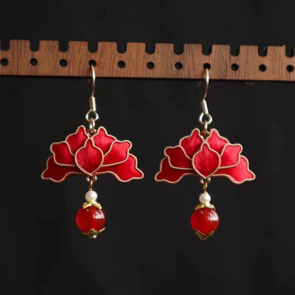 Handmade Ronghua Red Lotus Pearl Drop Earrings | Mulberry Silk Velvet Cloisonné-Style Earrings with Agate