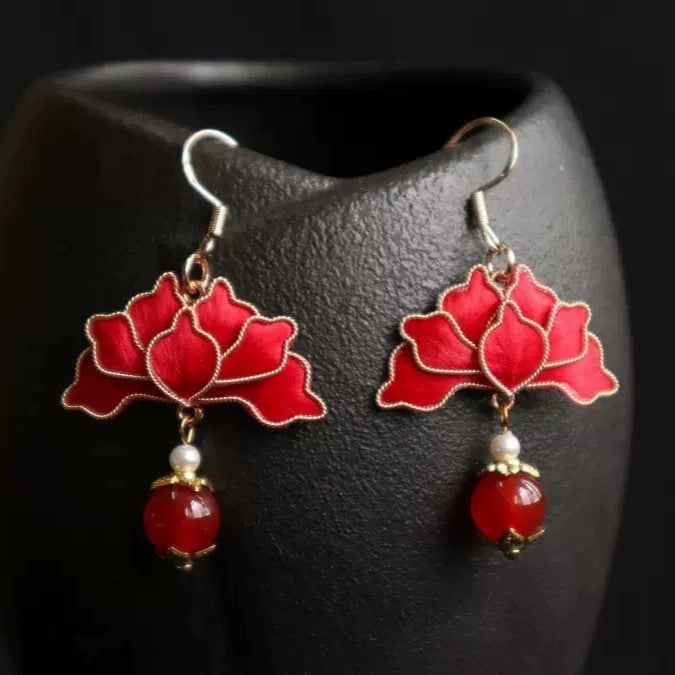 Handmade Ronghua red lotus drop earrings in mulberry silk velvet with gold filigree, red agate bead and pearl on silver hooks