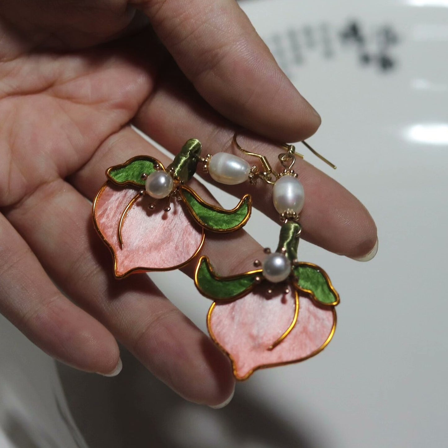 Handmade Ronghua Longevity Peach Earrings | Mulberry Silk Velvet Pink Peach Drop Earrings with Pearl