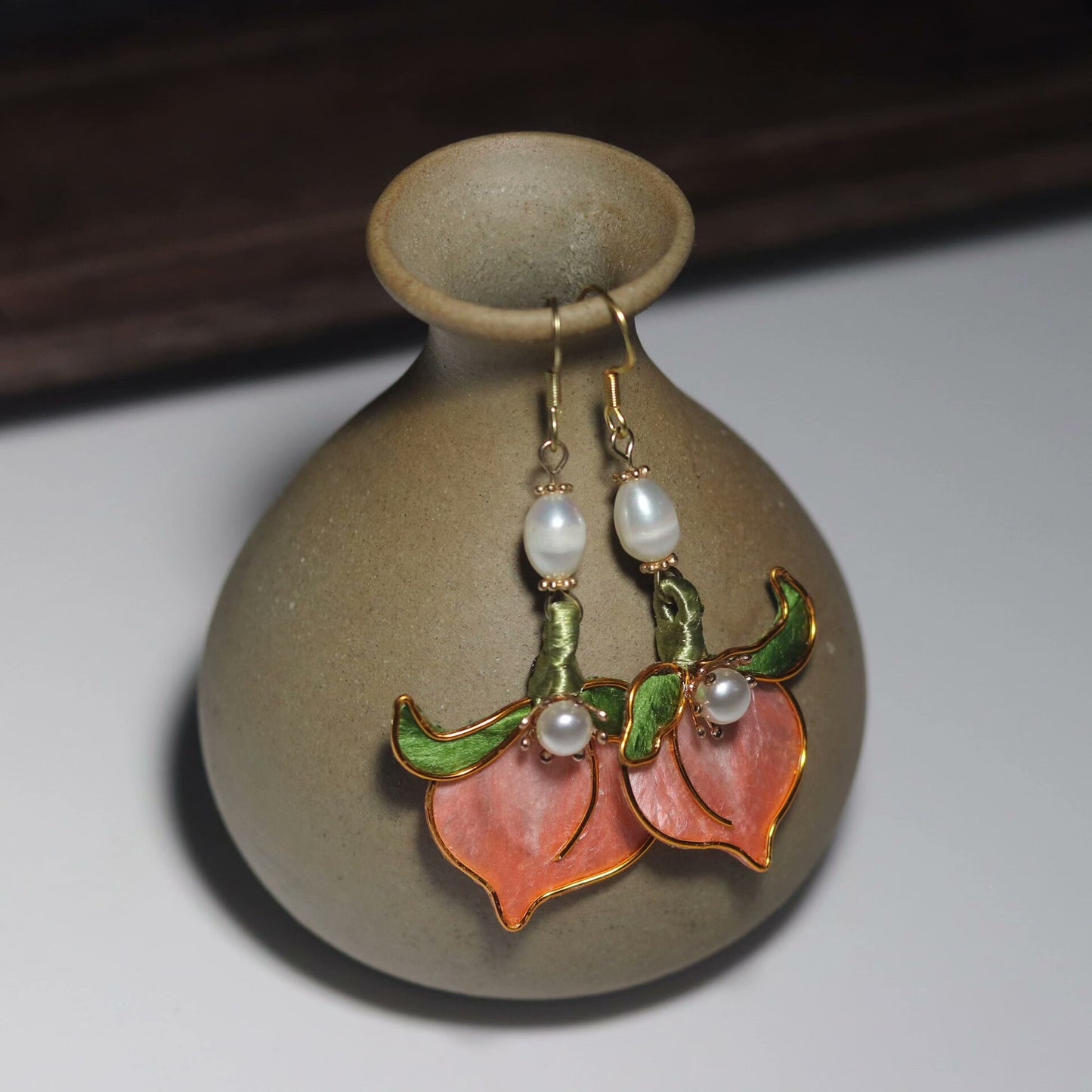 Handmade Ronghua Longevity Peach Earrings | Mulberry Silk Velvet Pink Peach Drop Earrings with Pearl