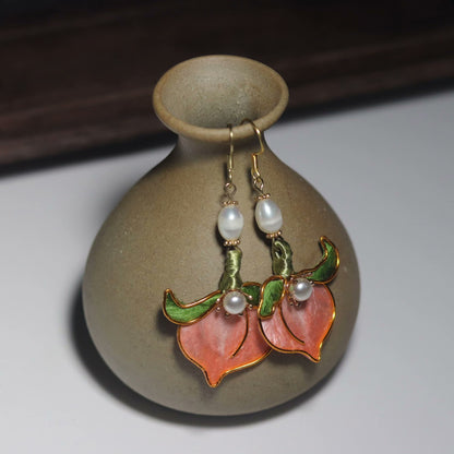 Handmade Ronghua Longevity Peach Earrings | Mulberry Silk Velvet Pink Peach Drop Earrings with Pearl