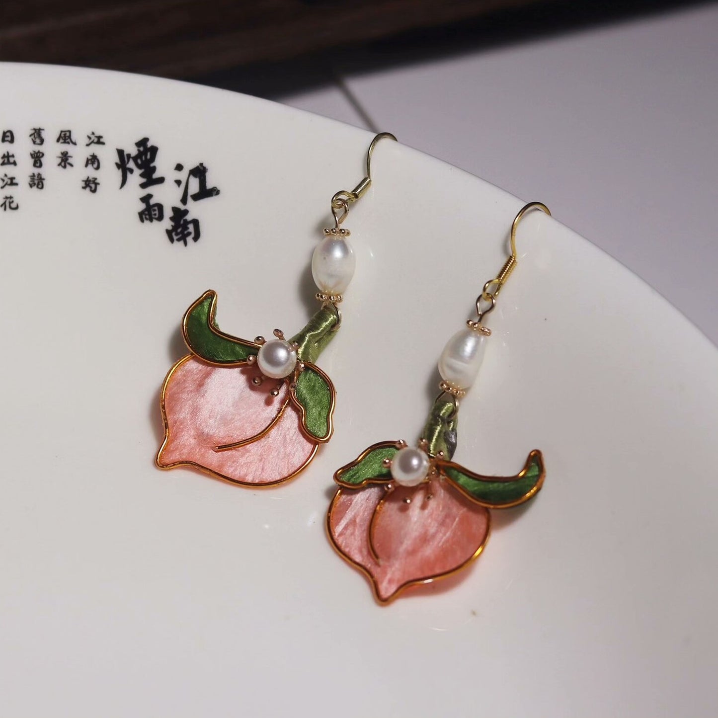 Handmade Ronghua Longevity Peach Earrings | Mulberry Silk Velvet Pink Peach Drop Earrings with Pearl