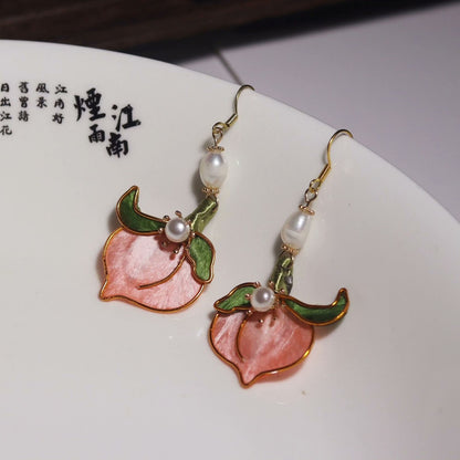 Handmade Ronghua Longevity Peach Earrings | Mulberry Silk Velvet Pink Peach Drop Earrings with Pearl
