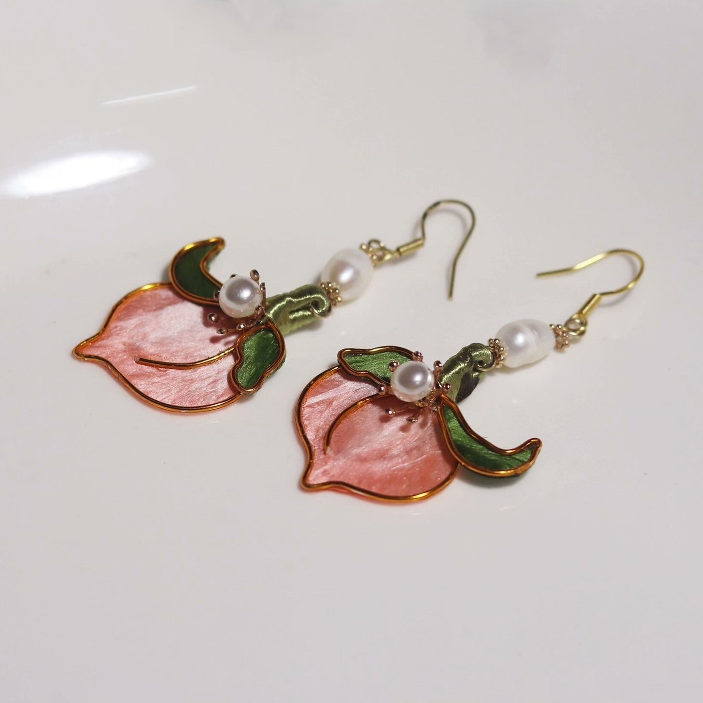 Handmade Ronghua Longevity Peach Earrings | Mulberry Silk Velvet Pink Peach Drop Earrings with Pearl