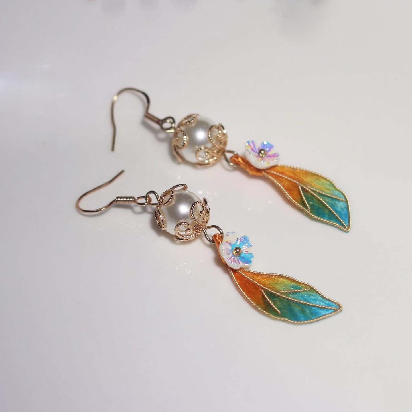 Handmade Ronghua Gradient Leaf Pearl Drop Earrings | Mulberry Silk Velvet Cloisonné-Style Earrings