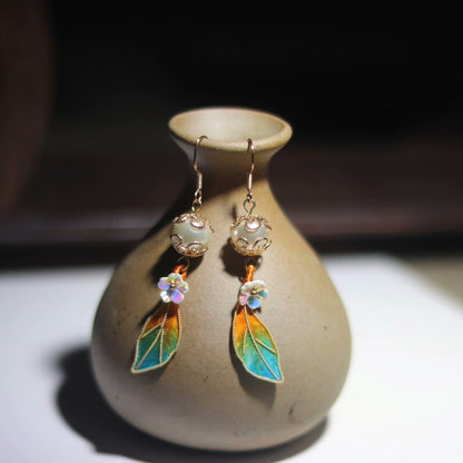 Handmade Ronghua gradient leaf drop earrings in orange-turquoise mulberry silk velvet with pearl and plum blossom accent on gold hooks