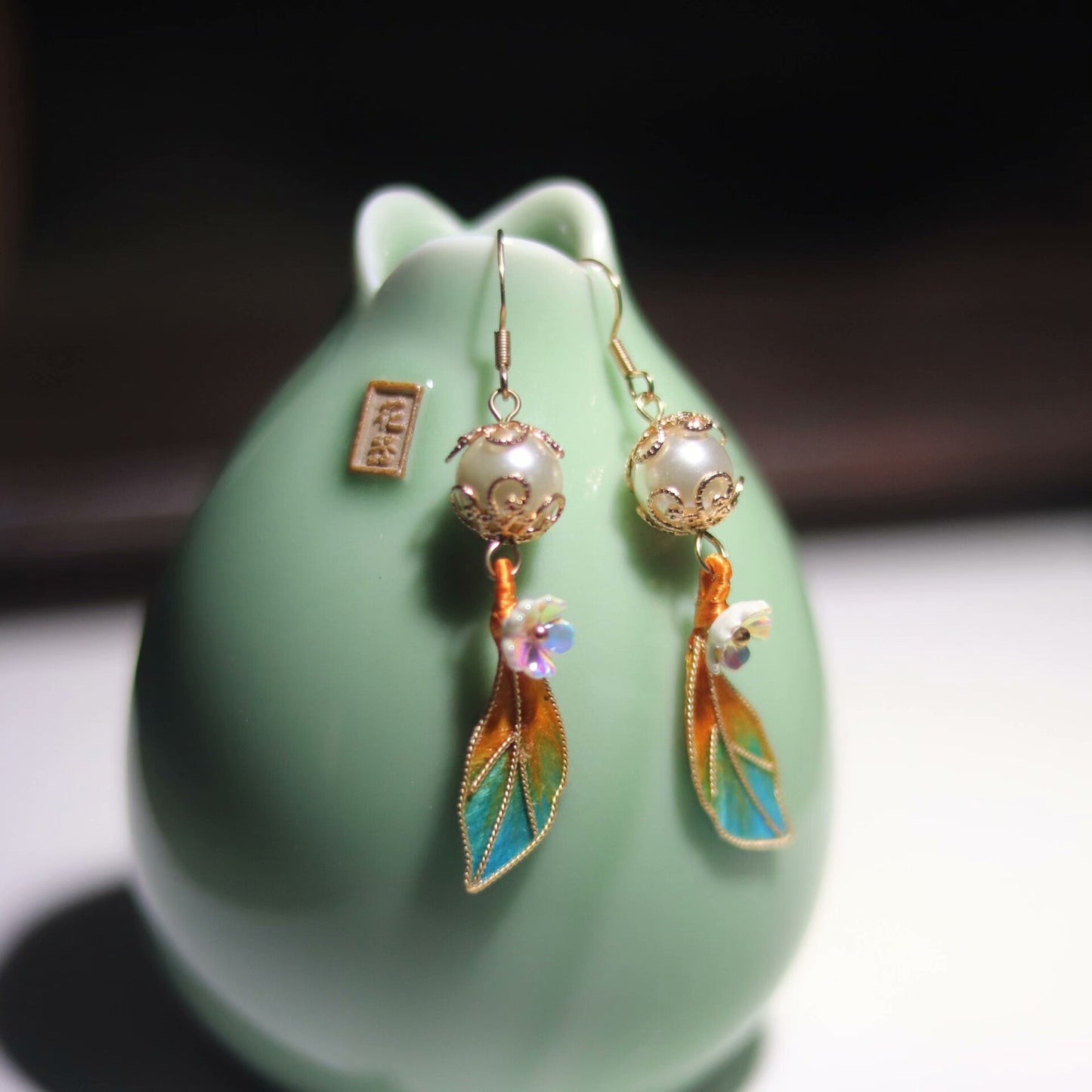 Handmade Ronghua Gradient Leaf Pearl Drop Earrings | Mulberry Silk Velvet Cloisonné-Style Earrings