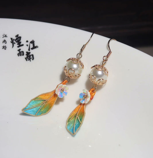 Handmade Ronghua Gradient Leaf Pearl Drop Earrings | Mulberry Silk Velvet Cloisonné-Style Earrings