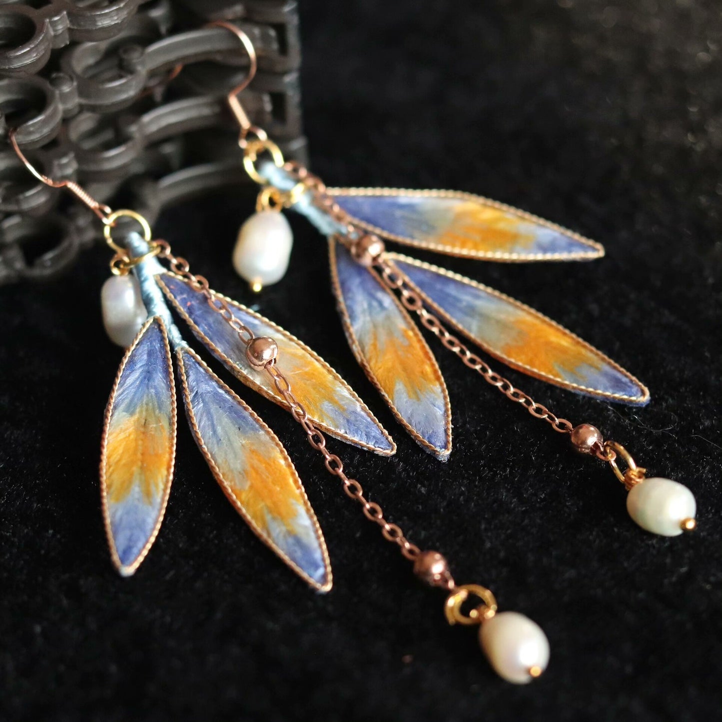 Handmade Ronghua blue-orange gradient leaf tassel earrings in mulberry silk velvet with pearl and gold chain details