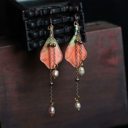 Handmade Ronghua Orange-Green Leaf Long Drop Earrings | Mulberry Silk Velvet Leaf & Pearl Chain Earrings