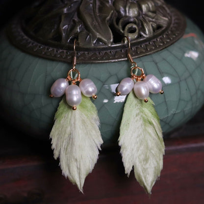 Handmade Ronghua Green Leaf Pearl Earrings | Mulberry Silk Velvet Feather-Leaf Drop Earrings