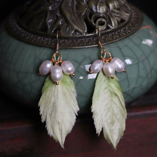 Handmade Ronghua Green Leaf Pearl Earrings | Mulberry Silk Velvet Feather-Leaf Drop Earrings