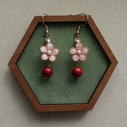 Handmade Ronghua Peach Blossom Earrings | Mulberry Silk Velvet Pink Flower Drop Earrings with Incense Pearl
