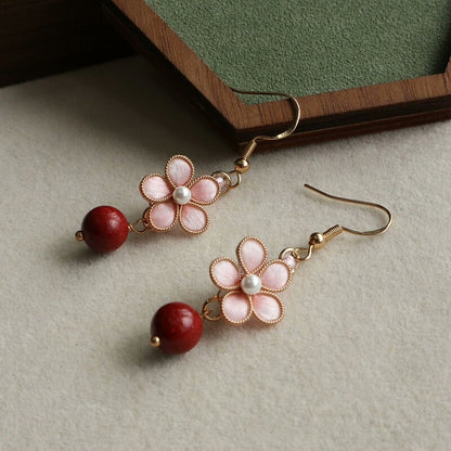Handmade Ronghua Peach Blossom Earrings | Mulberry Silk Velvet Pink Flower Drop Earrings with Incense Pearl