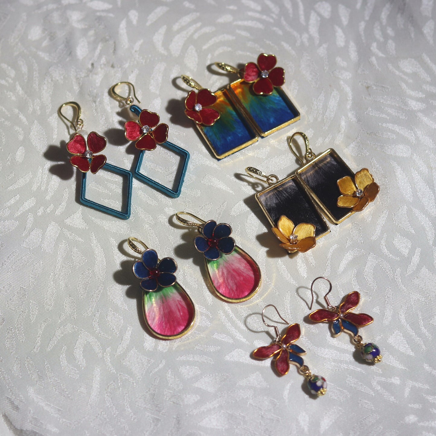 Handmade Ronghua Colorful Flower Earrings Set | Mulberry Silk Velvet Cloisonné-Style Drop & Stud Collection