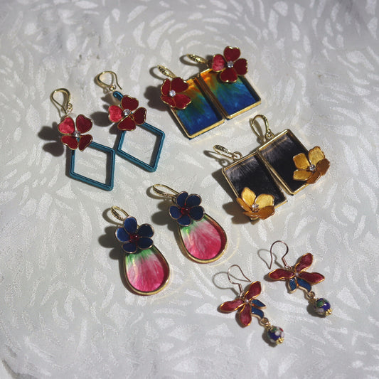 Handmade Ronghua Colorful Flower Earrings Set | Mulberry Silk Velvet Cloisonné-Style Drop & Stud Collection