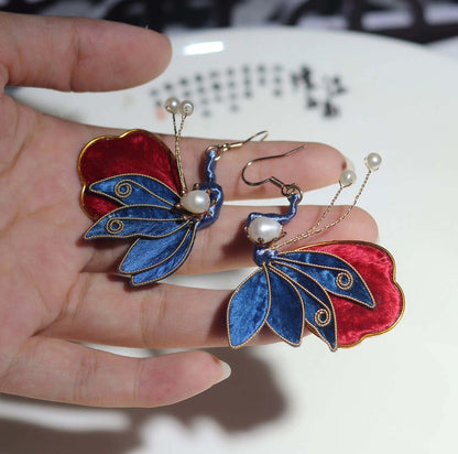 Handmade Ronghua Red-Blue Butterfly Pearl Earrings | Mulberry Silk Velvet Cloisonné Butterfly Drop Earrings
