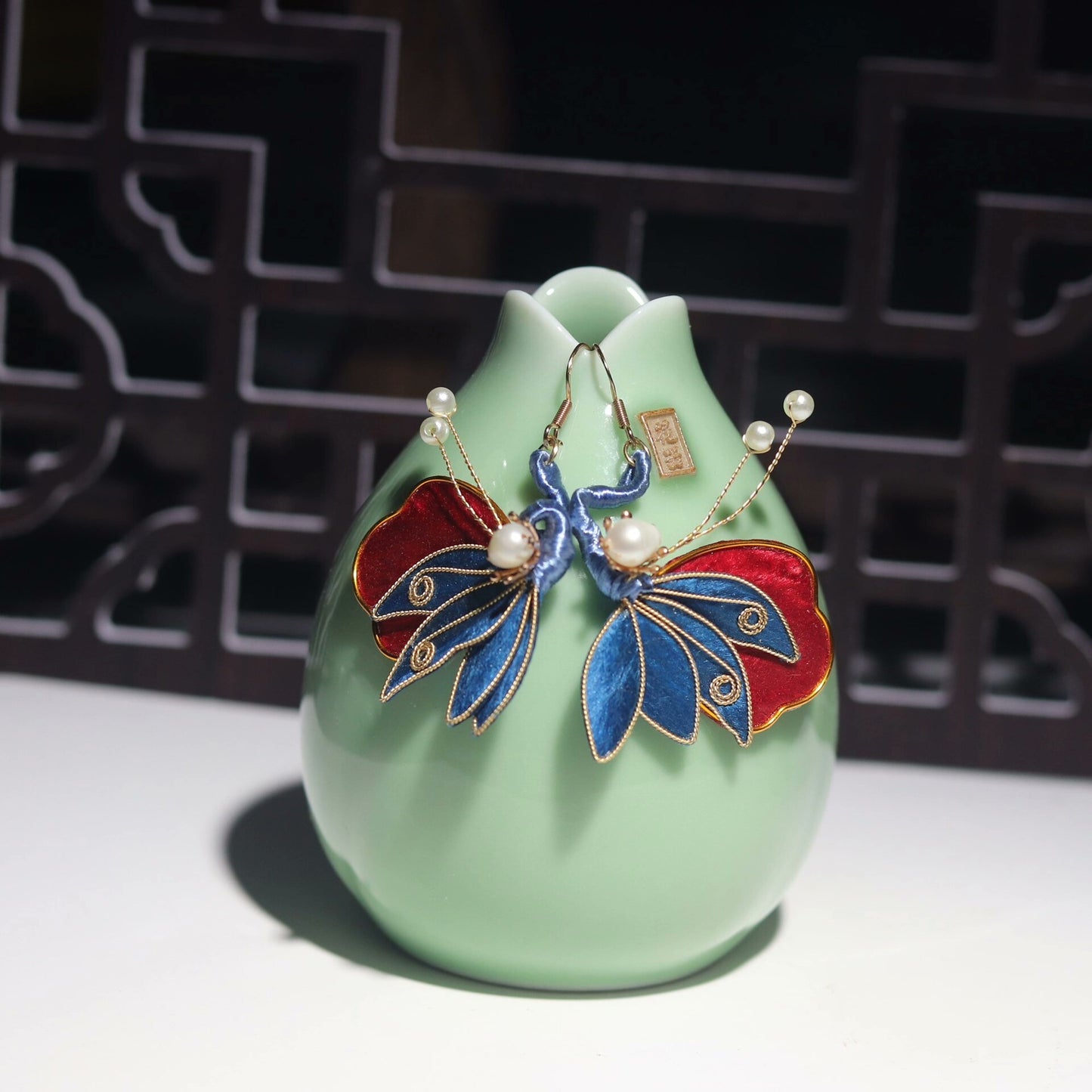 Handmade Ronghua Red-Blue Butterfly Pearl Earrings | Mulberry Silk Velvet Cloisonné Butterfly Drop Earrings