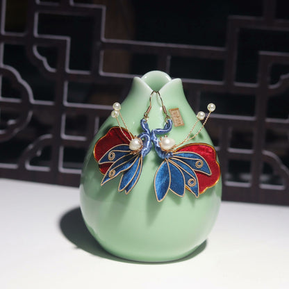 Handmade Ronghua Red-Blue Butterfly Pearl Earrings | Mulberry Silk Velvet Cloisonné Butterfly Drop Earrings