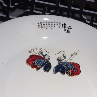 Handmade Ronghua Red-Blue Butterfly Pearl Earrings | Mulberry Silk Velvet Cloisonné Butterfly Drop Earrings
