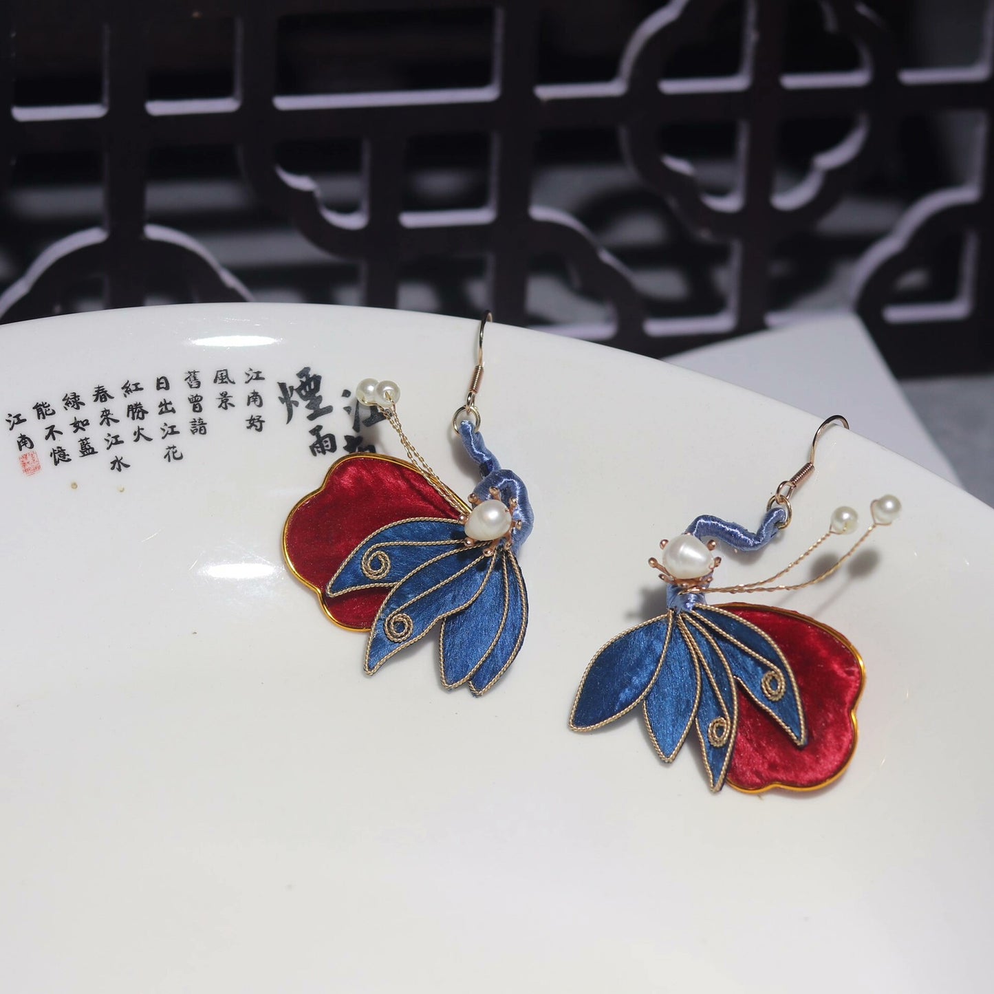 Handmade Ronghua Red-Blue Butterfly Pearl Earrings | Mulberry Silk Velvet Cloisonné Butterfly Drop Earrings