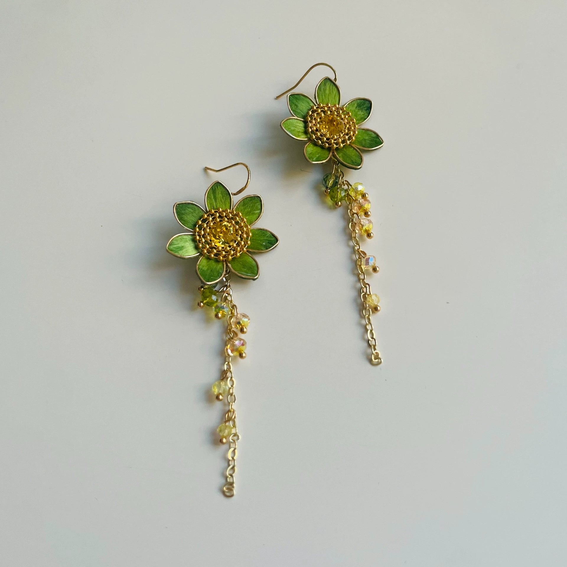 Handmade Ronghua green sunflower long drop earrings in mulberry silk velvet with golden center and crystal tassel chain