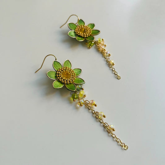 Handmade Ronghua Green Sunflower Long Drop Earrings | Mulberry Silk Velvet Flower Tassel Earrings