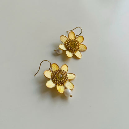 Handmade Ronghua Green Sunflower Long Drop Earrings | Mulberry Silk Velvet Flower Tassel Earrings