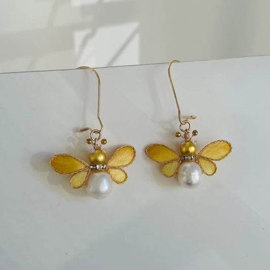 Handmade Ronghua yellow bumblebee drop earrings in mulberry silk velvet with freshwater pearl body and gold details