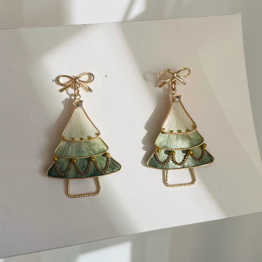 Handmade Ronghua Christmas tree drop earrings in green-white mulberry silk velvet with gold bow and crystal star