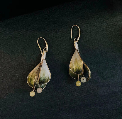 Handmade Ronghua green flower bud drop earrings in mulberry silk velvet with natural jade beads and gold hooks