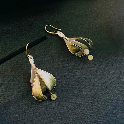 Handmade Ronghua Green Flower Bud Drop Earrings | Mulberry Silk Velvet Bud Earrings with Natural Jade Beads