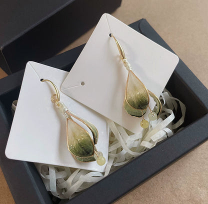 Handmade Ronghua Green Flower Bud Drop Earrings | Mulberry Silk Velvet Bud Earrings with Natural Jade Beads