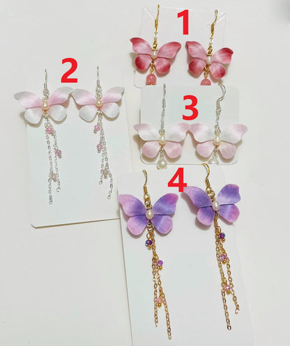 Handmade Ronghua Silk Butterfly Drop Earrings | Mulberry Silk Velvet Butterfly Long Tassel Earrings with Pearl