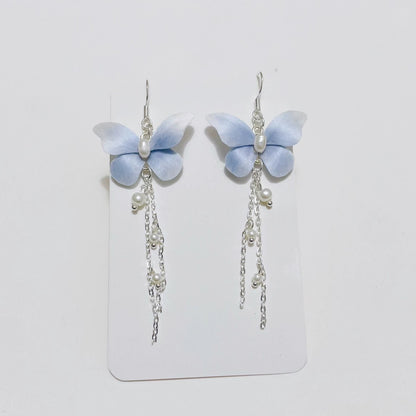 Handmade Ronghua Silk Butterfly Drop Earrings | Mulberry Silk Velvet Butterfly Long Tassel Earrings with Pearl