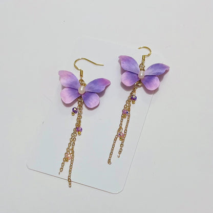 Handmade Ronghua Silk Butterfly Drop Earrings | Mulberry Silk Velvet Butterfly Long Tassel Earrings with Pearl