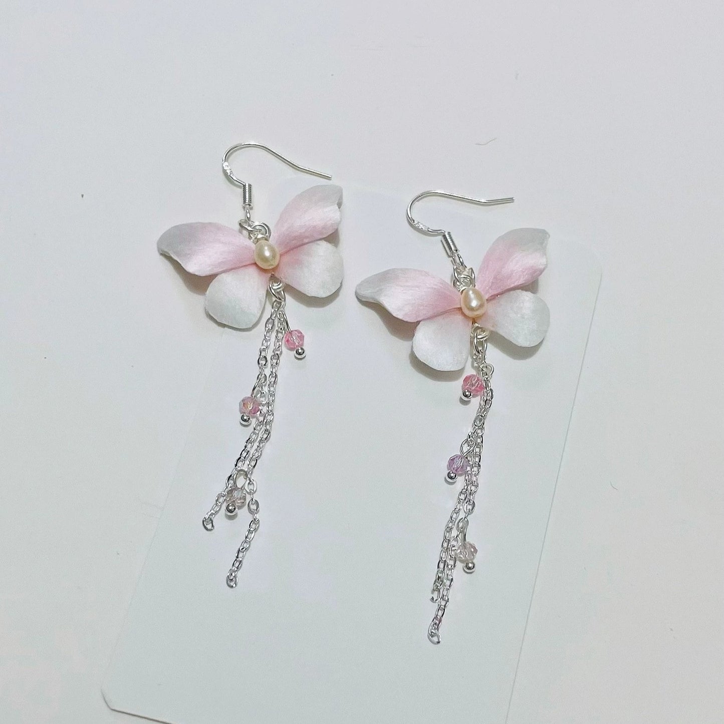 Handmade Ronghua Silk Butterfly Drop Earrings | Mulberry Silk Velvet Butterfly Long Tassel Earrings with Pearl