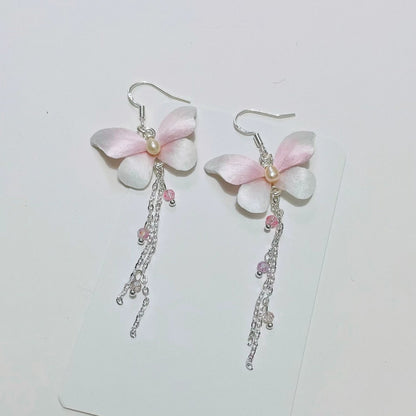 Handmade Ronghua Silk Butterfly Drop Earrings | Mulberry Silk Velvet Butterfly Long Tassel Earrings with Pearl