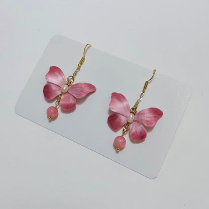 Handmade Ronghua Silk Butterfly Drop Earrings | Mulberry Silk Velvet Butterfly Long Tassel Earrings with Pearl