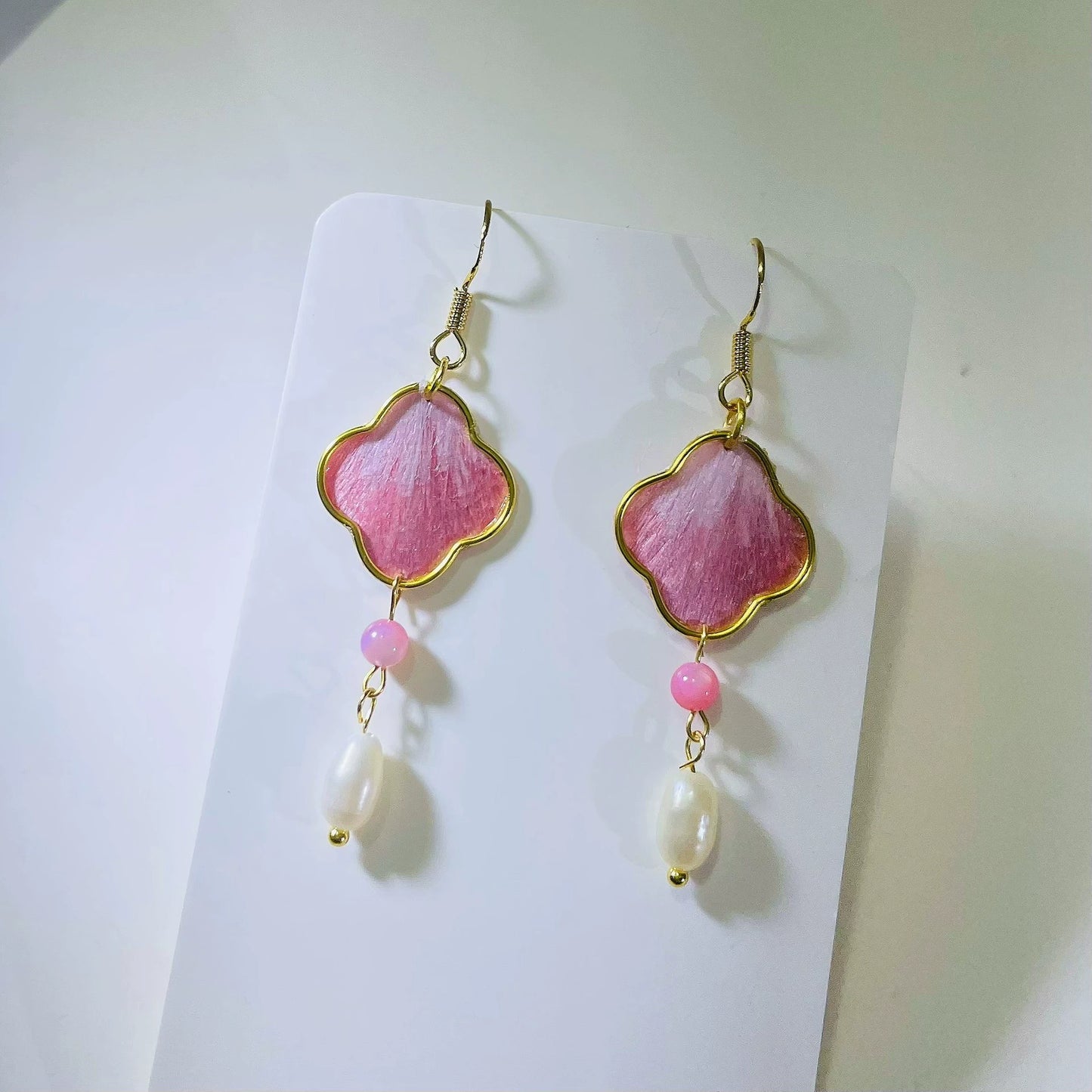 Handmade Ronghua pink four-leaf clover drop earrings in mulberry silk velvet with gold frame, pink bead and freshwater pearl