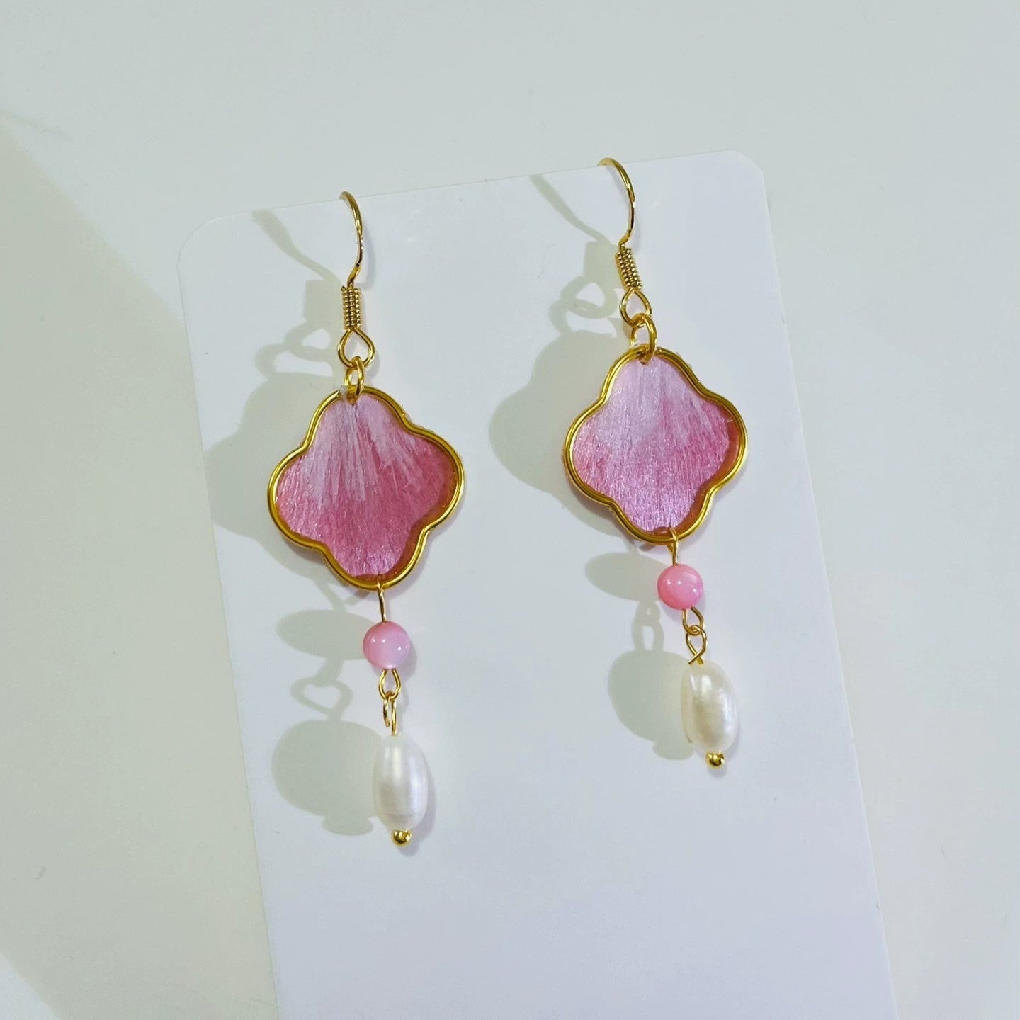 Handmade Ronghua Pink Clover Drop Earrings | Mulberry Silk Velvet Four-Leaf Flower Earrings with Pearl
