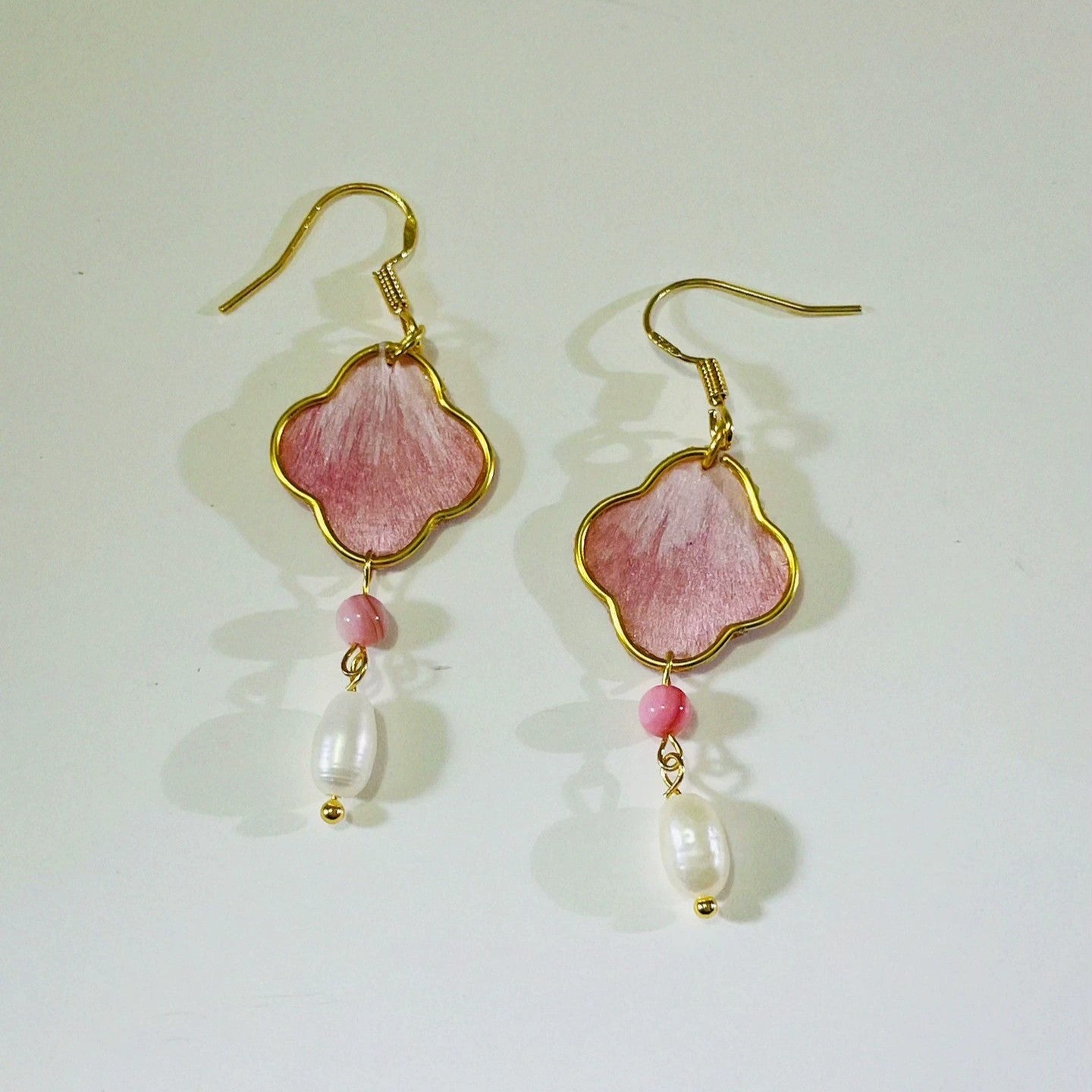 Handmade Ronghua Pink Clover Drop Earrings | Mulberry Silk Velvet Four-Leaf Flower Earrings with Pearl