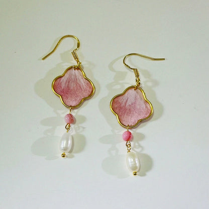 Handmade Ronghua Pink Clover Drop Earrings | Mulberry Silk Velvet Four-Leaf Flower Earrings with Pearl