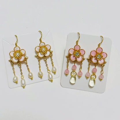 Handmade Ronghua Pink Plum Blossom Tassel Earrings | Mulberry Silk Velvet Flower & Pearl Long Drop Earrings