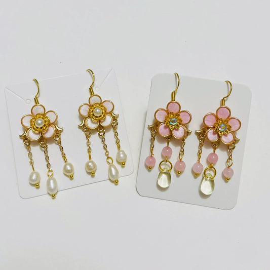 Handmade Ronghua Pink Plum Blossom Tassel Earrings | Mulberry Silk Velvet Flower & Pearl Long Drop Earrings