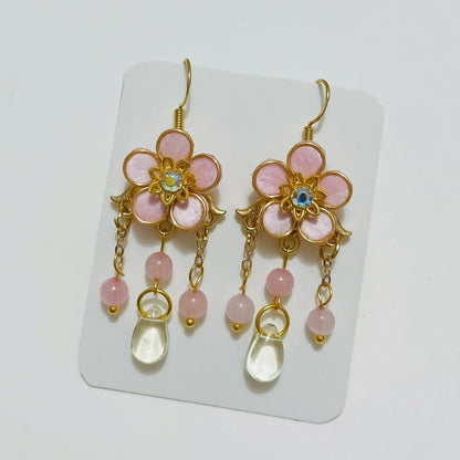 Handmade Ronghua Pink Plum Blossom Tassel Earrings | Mulberry Silk Velvet Flower & Pearl Long Drop Earrings