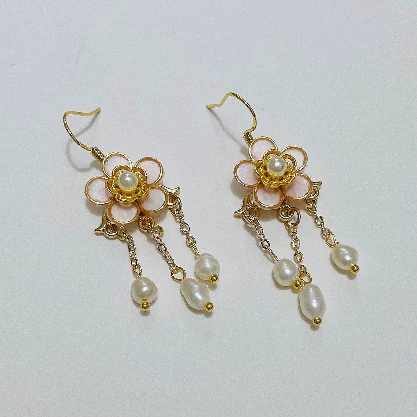 Handmade Ronghua Pink Plum Blossom Tassel Earrings | Mulberry Silk Velvet Flower & Pearl Long Drop Earrings