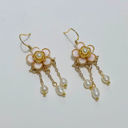 Handmade Ronghua Pink Plum Blossom Tassel Earrings | Mulberry Silk Velvet Flower & Pearl Long Drop Earrings