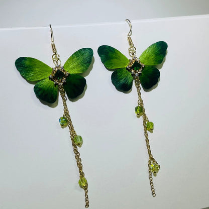 Handmade Ronghua Green Butterfly Tassel Earrings | Mulberry Silk Velvet Butterfly Long Drop Earrings with Crystal Chain