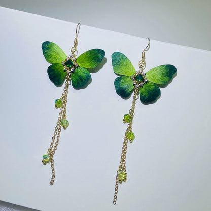 Handmade Ronghua Green Butterfly Tassel Earrings | Mulberry Silk Velvet Butterfly Long Drop Earrings with Crystal Chain